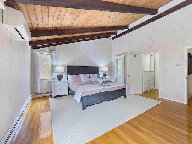 bedroom featuring light wood-type flooring, beam ceiling, an AC wall unit, baseboard heating, and wood ceiling