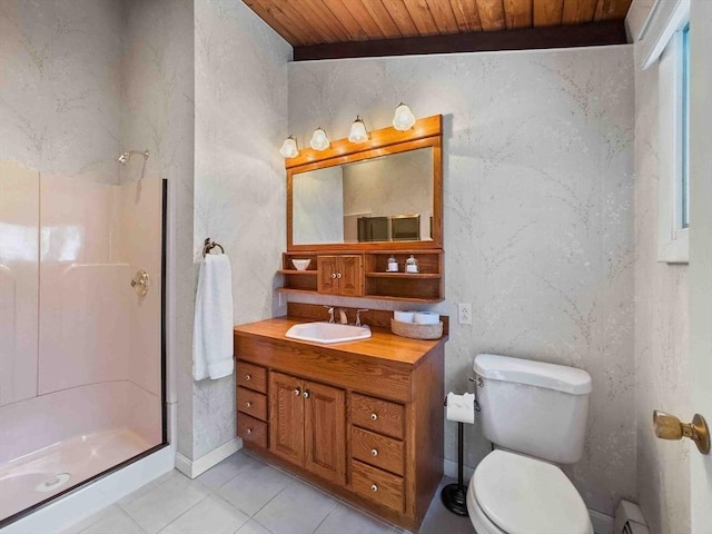 full bath featuring tile patterned flooring, a shower stall, wood ceiling, and toilet