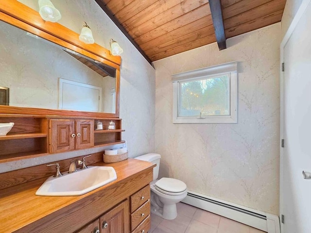 bathroom with toilet, wood ceiling, lofted ceiling with beams, tile patterned floors, and a baseboard radiator