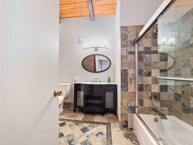 bathroom featuring vanity, enclosed tub / shower combo, wood ceiling, beamed ceiling, and toilet