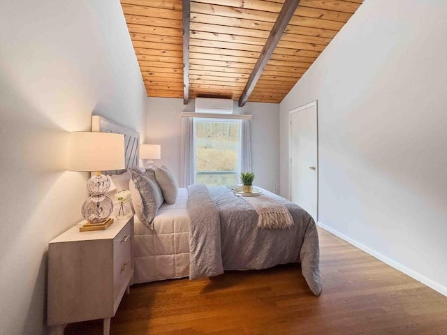 bedroom with baseboards, lofted ceiling with beams, a wall unit AC, wooden ceiling, and wood finished floors