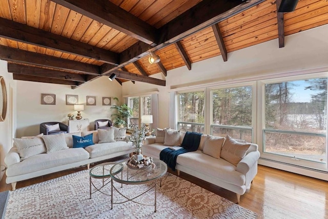 living area featuring wooden ceiling, vaulted ceiling with beams, and wood finished floors