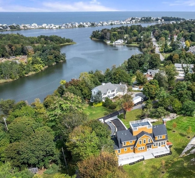 bird's eye view with a water view