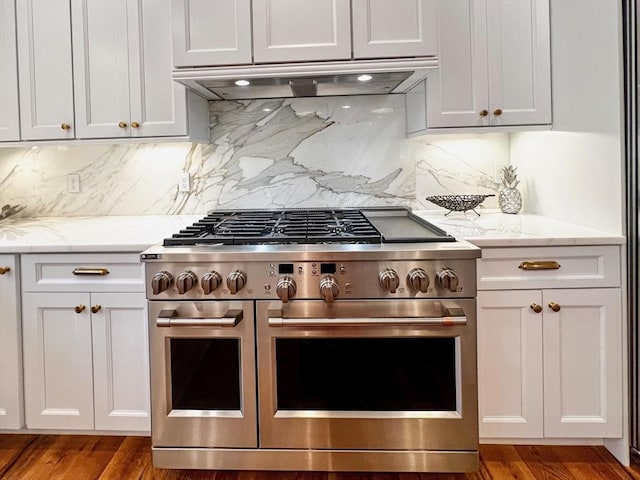 kitchen with extractor fan, wood finished floors, double oven range, and light stone countertops