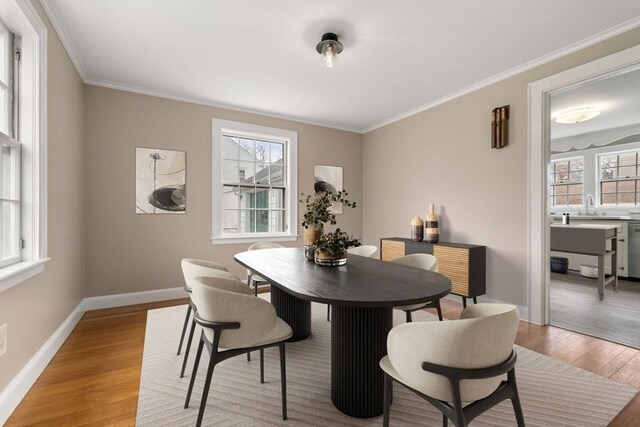 dining room with crown molding, wood finished floors, baseboards, and a wealth of natural light