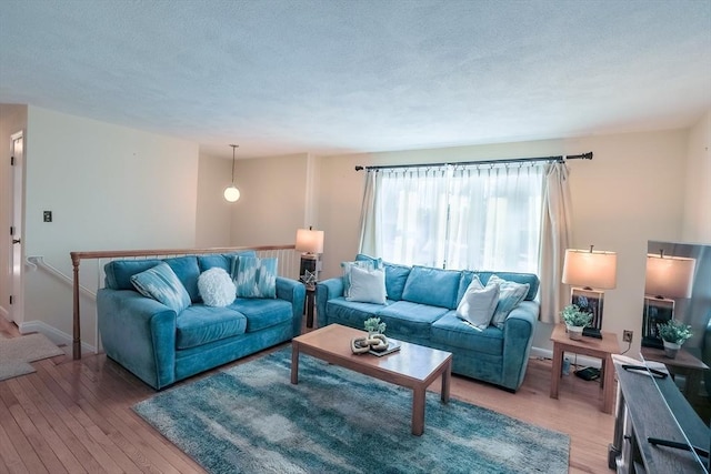 living room featuring a textured ceiling and wood-type flooring