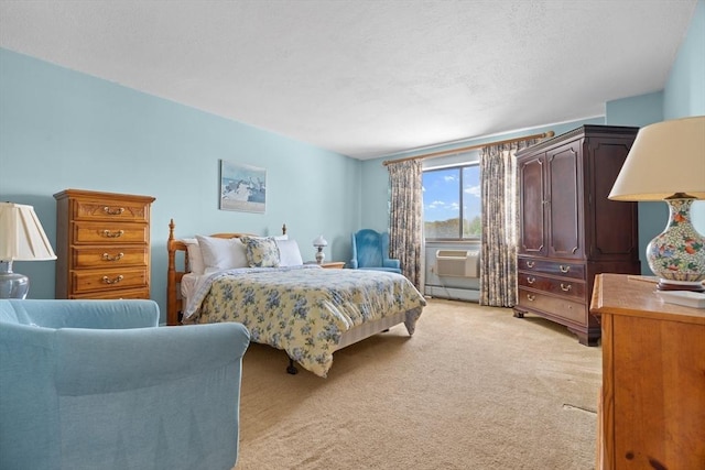 bedroom featuring light colored carpet, cooling unit, and a baseboard heating unit