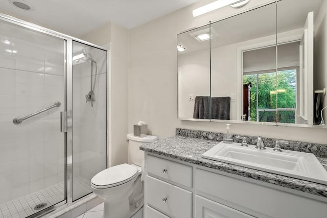 bathroom with vanity, toilet, and a stall shower