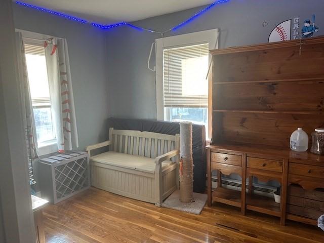 sitting room with a wealth of natural light, a baseboard radiator, and hardwood / wood-style flooring