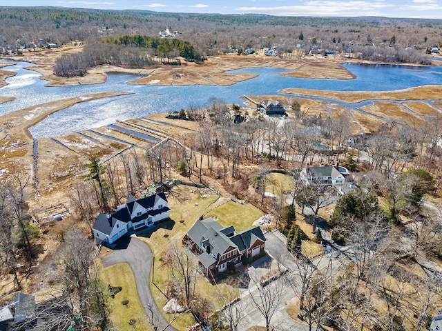 aerial view with a view of trees and a water view