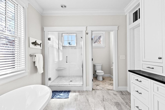 full bathroom featuring a shower stall, a freestanding tub, toilet, and ornamental molding