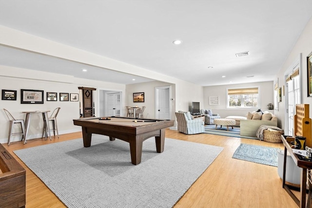 game room with visible vents, light wood finished floors, baseboards, recessed lighting, and pool table