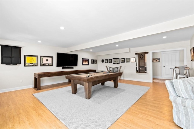 game room featuring pool table, recessed lighting, baseboards, and light wood finished floors