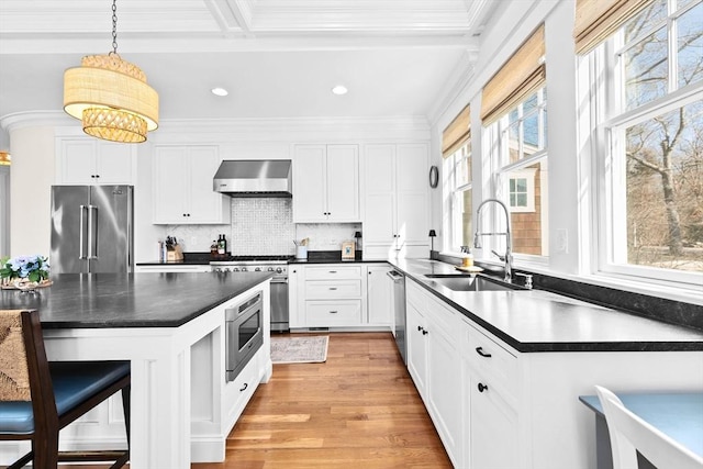 kitchen featuring high quality appliances, a sink, dark countertops, wall chimney exhaust hood, and white cabinets