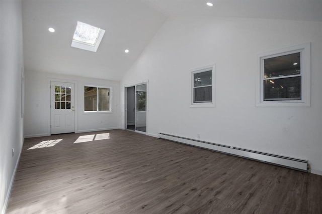 unfurnished room with recessed lighting, high vaulted ceiling, a baseboard heating unit, and wood finished floors