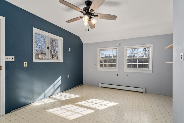 spare room featuring lofted ceiling, a ceiling fan, and baseboard heating