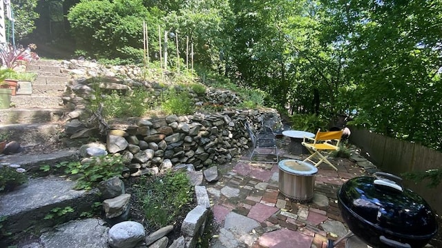 view of yard featuring a patio and fence