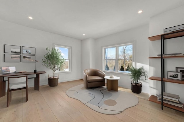 living area with a healthy amount of sunlight and light hardwood / wood-style flooring