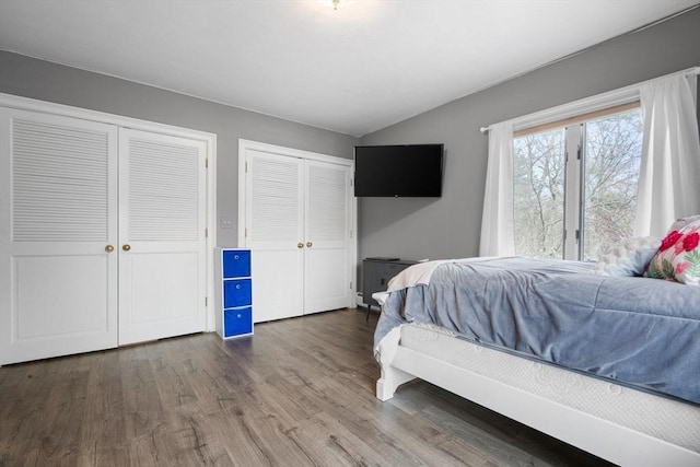 231 Manns Dr, Hanover, MA 02339 - bedroom with lofted ceiling, multiple closets, and wood finished floors