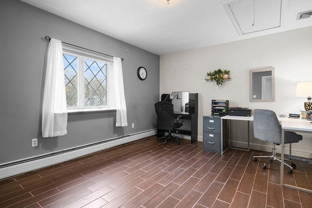 231 Manns Dr, Hanover, MA 02339 - home office with dark wood-type flooring, attic access, visible vents, and a baseboard heating unit
