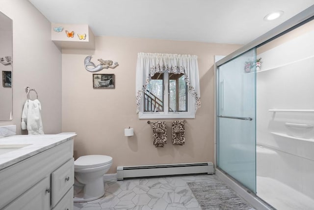 231 Manns Dr, Hanover, MA 02339 - full bathroom with a stall shower, a baseboard heating unit, baseboards, toilet, and vanity