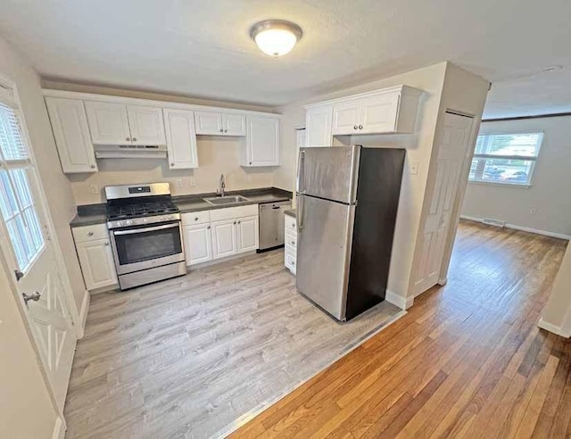 kitchen featuring under cabinet range hood, stainless steel appliances, a sink, light wood-style floors, and white cabinets