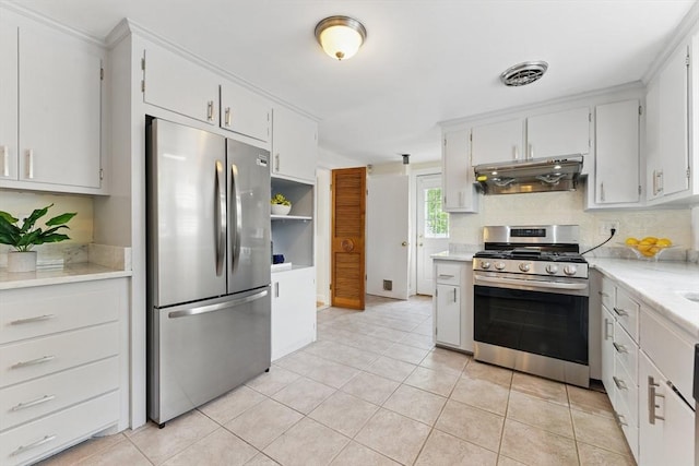 90 Woodland Rd, Malden, MA 02148 - kitchen featuring appliances with stainless steel finishes, under cabinet range hood, light tile patterned flooring, light countertops, and tasteful backsplash