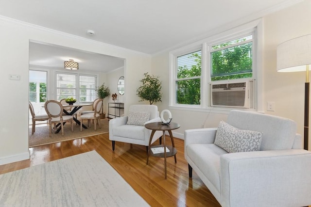 90 Woodland Rd, Malden, MA 02148 - living area with crown molding, wood finished floors, baseboards, and cooling unit