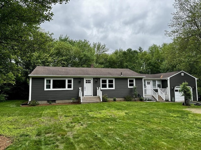 389 Porter Rd, East Longmeadow, MA 01028 - ranch-style house with an attached garage, a front lawn, and a chimney