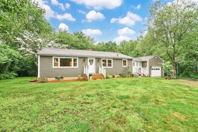 389 Porter Rd, East Longmeadow, MA 01028 - single story home featuring a chimney, a front lawn, a garage, and view of scattered trees