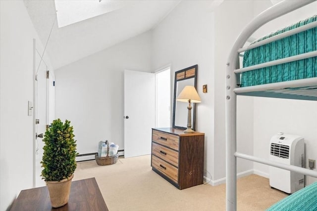 interior space featuring high vaulted ceiling and a baseboard heating unit