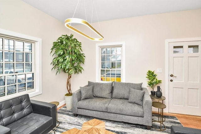 living room featuring plenty of natural light and hardwood / wood-style flooring