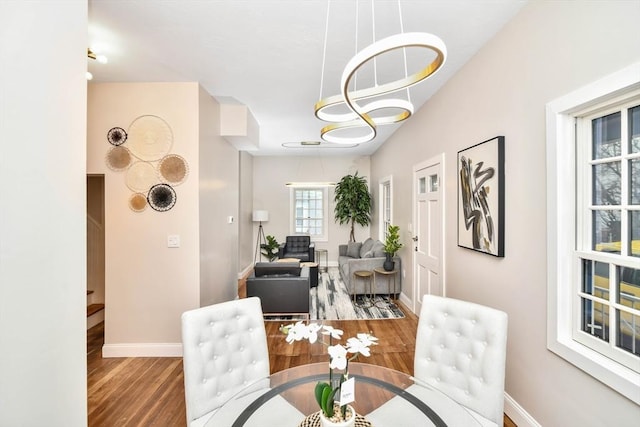 dining room with hardwood / wood-style floors and a notable chandelier