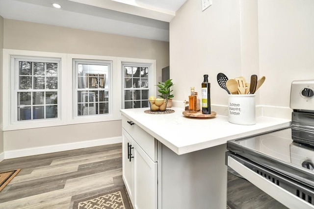 kitchen featuring hardwood / wood-style floors, white cabinets, and range