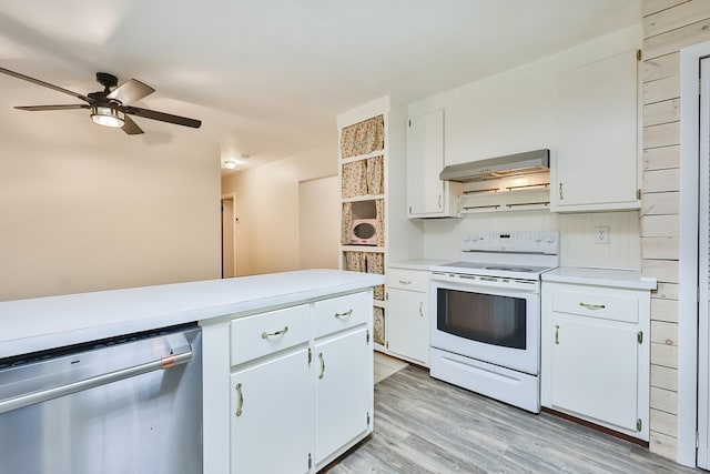 kitchen featuring white cabinetry, range hood, ceiling fan, stainless steel dishwasher, and electric range