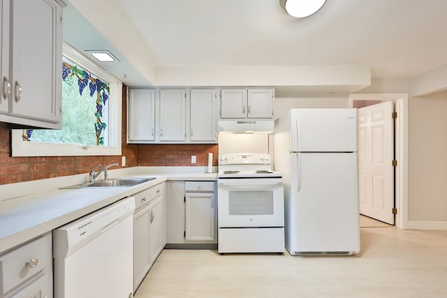 kitchen with decorative backsplash, light hardwood / wood-style floors, white appliances, gray cabinets, and sink