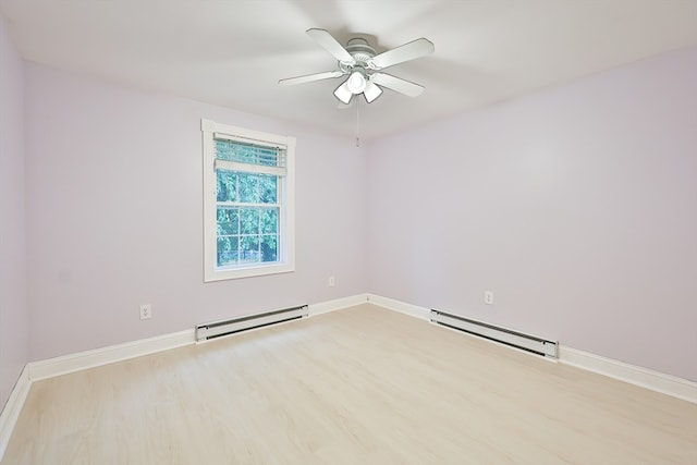 empty room with light hardwood / wood-style flooring, ceiling fan, and a baseboard radiator