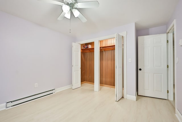 unfurnished bedroom with baseboard heating, ceiling fan, and light hardwood / wood-style flooring