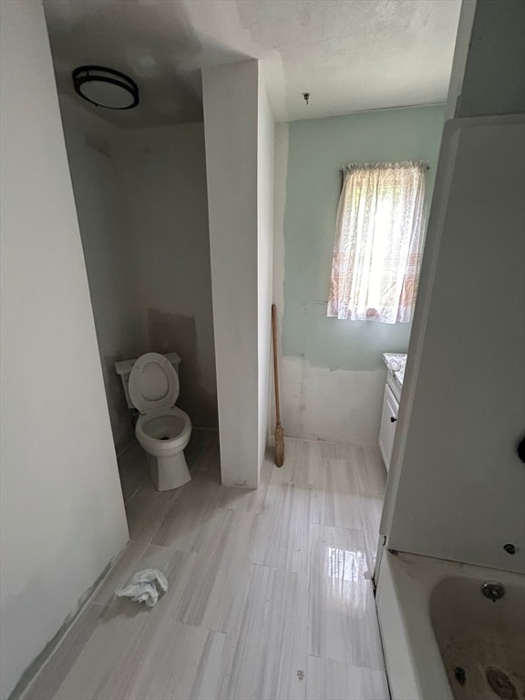 bathroom featuring vanity, toilet, a textured ceiling, and a bath