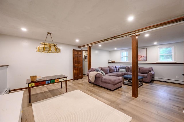 11 Williamsburg Ln, Scituate, MA 02066 - living room featuring baseboard heating, light wood-style floors, and recessed lighting