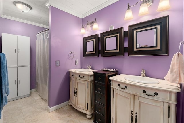 84 Chapin Greene Unit 84, Ludlow, MA 01056 - full bath with two vanities, ornamental molding, and a shower with shower curtain