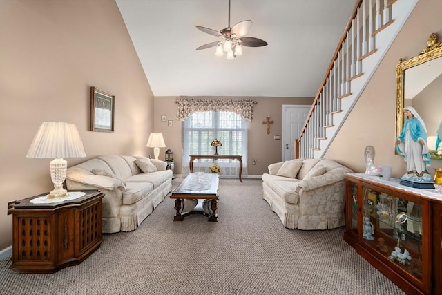 84 Chapin Greene Unit 84, Ludlow, MA 01056 - carpeted living area with ceiling fan, stairway, and high vaulted ceiling