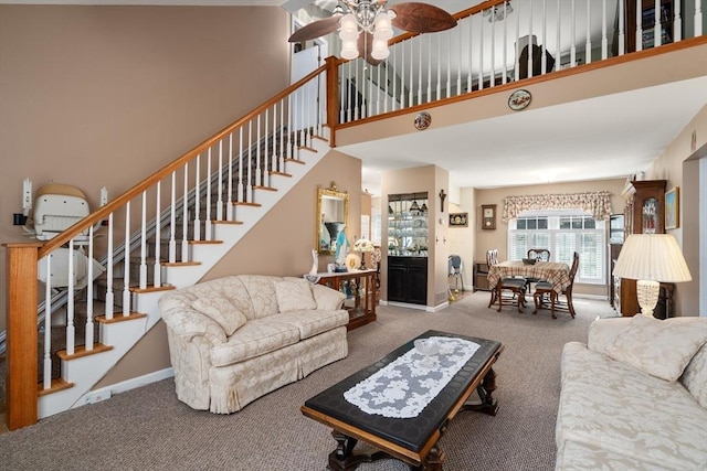 84 Chapin Greene Unit 84, Ludlow, MA 01056 - living area featuring carpet, stairs, a high ceiling, and a ceiling fan
