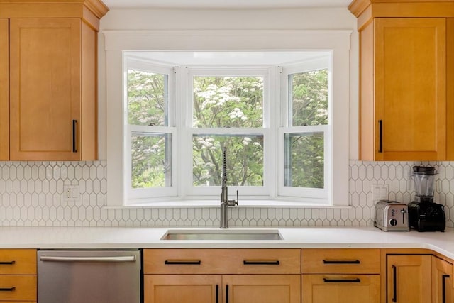 96 Nonantum St, Newton, MA 02458 - kitchen with stainless steel dishwasher, a sink, light countertops, and decorative backsplash