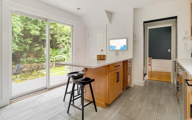 96 Nonantum St, Newton, MA 02458 - kitchen with light countertops, a breakfast bar area, a peninsula, and wood tiled floors