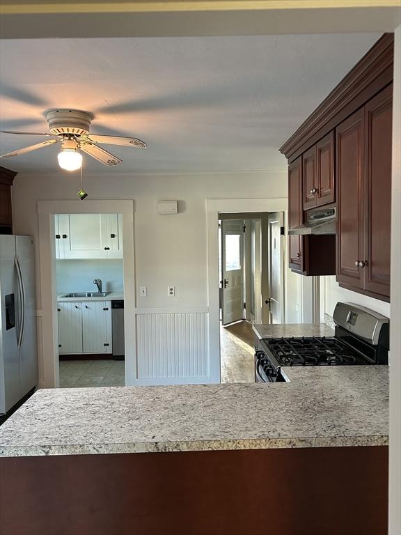 kitchen with kitchen peninsula, ceiling fan, sink, and stainless steel appliances