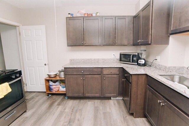 kitchen with light wood-style floors, a sink, dark brown cabinetry, and stainless steel appliances