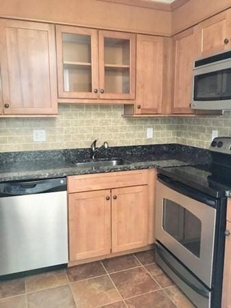 10 Williams St Unit 79, Watertown, MA 02472 - kitchen with stainless steel appliances, a sink, decorative backsplash, glass insert cabinets, and dark stone counters