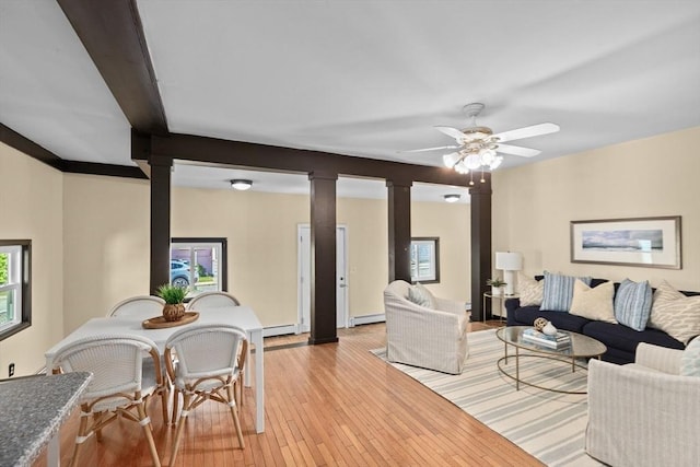 living area with ceiling fan, light wood-style flooring, a baseboard heating unit, baseboard heating, and decorative columns