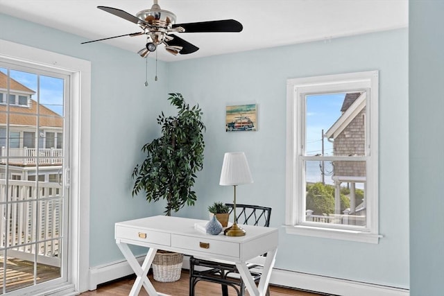 office with baseboards, a ceiling fan, and wood finished floors